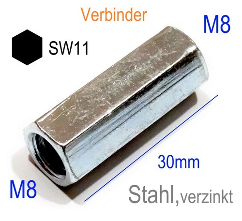 M8x30mm kant gewinde muffe - 6-kant,