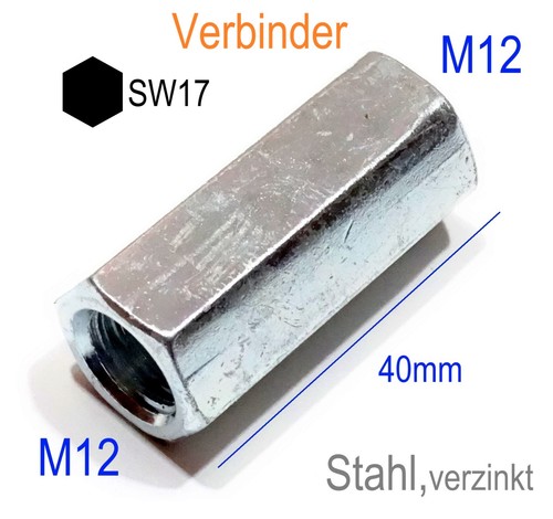 M12x40mm kant gewinde muffe - 6-kant,